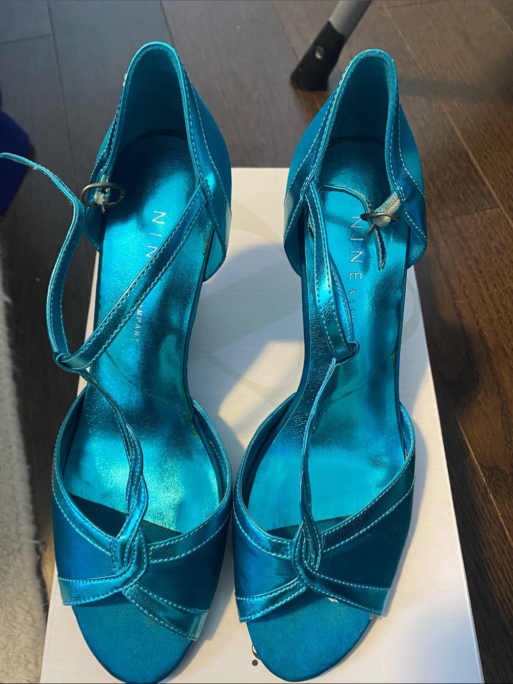 Nine West Shiny Teal Satin T-Strap Heels